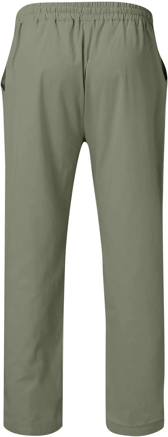 Men's Cotton Linen Pants Drawstring Pants with Pockets Elastic Waist Casual Jogger Yoga Pants Work Pants for Men
