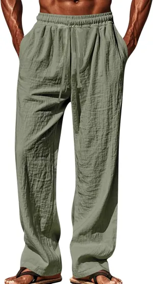 Men's Cotton Linen Pants Drawstring Pants with Pockets Elastic Waist Casual Jogger Yoga Pants Work Pants for Men