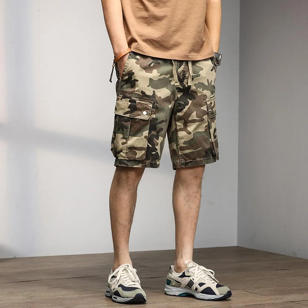 Men's Drawstring Camouflage Cargo Shorts Summer Relaxed Fit Cotton Hiking Cargo Shorts with Large Pockets