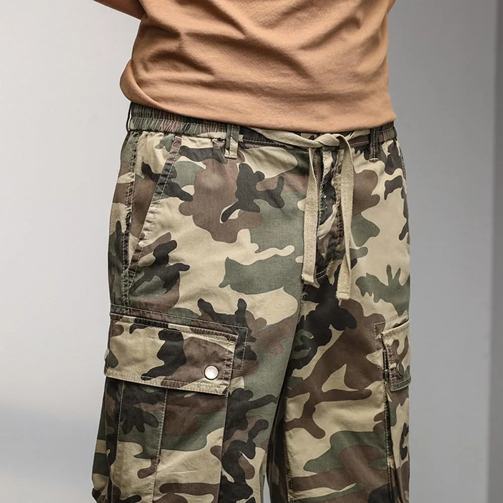 Men's Drawstring Camouflage Cargo Shorts Summer Relaxed Fit Cotton Hiking Cargo Shorts with Large Pockets