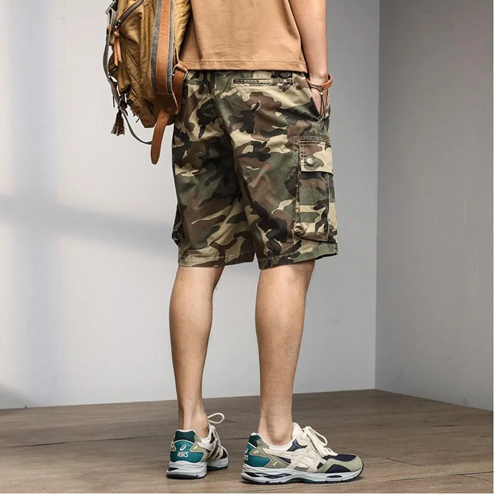 Men's Drawstring Camouflage Cargo Shorts Summer Relaxed Fit Cotton Hiking Cargo Shorts with Large Pockets