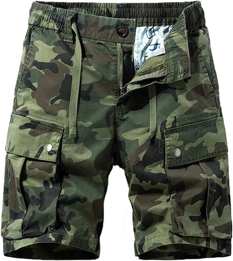 Men's Drawstring Camouflage Cargo Shorts Summer Relaxed Fit Cotton Hiking Cargo Shorts with Large Pockets