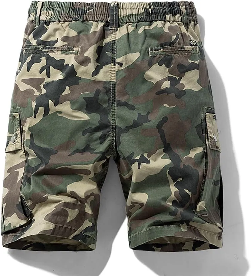 Men's Drawstring Camouflage Cargo Shorts Summer Relaxed Fit Cotton Hiking Cargo Shorts with Large Pockets