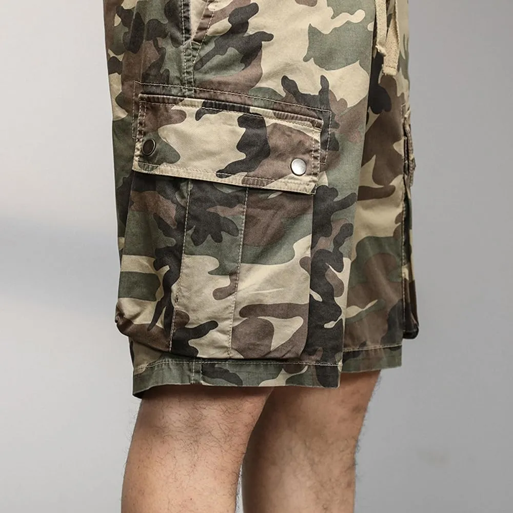Men's Drawstring Camouflage Cargo Shorts Summer Relaxed Fit Cotton Hiking Cargo Shorts with Large Pockets
