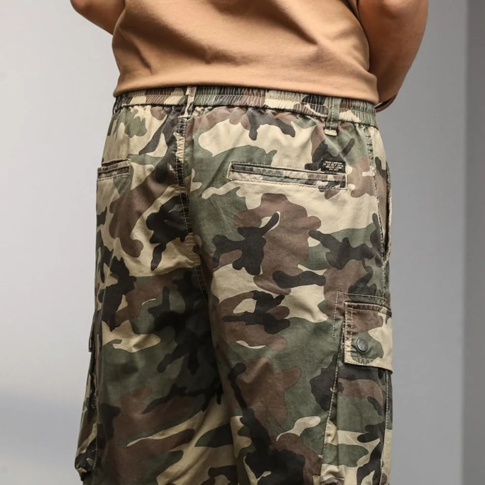 Men's Drawstring Camouflage Cargo Shorts Summer Relaxed Fit Cotton Hiking Cargo Shorts with Large Pockets