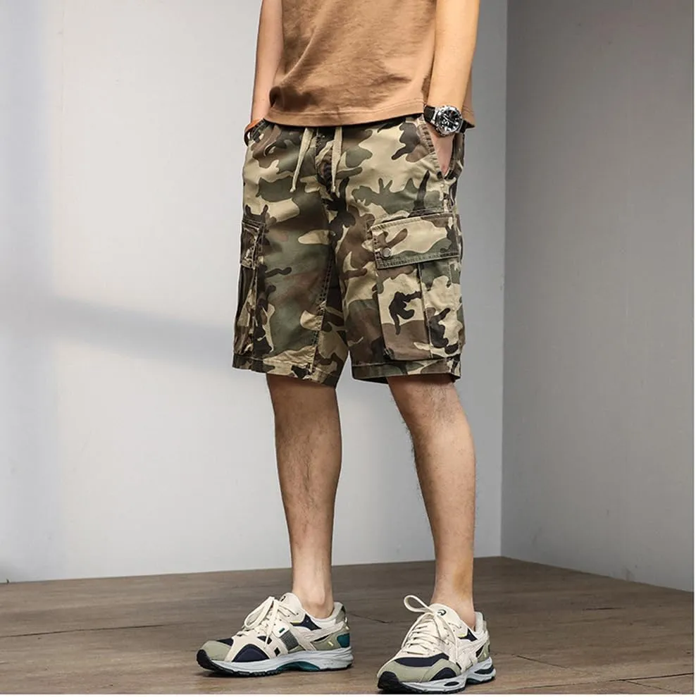 Men's Drawstring Camouflage Cargo Shorts Summer Relaxed Fit Cotton Hiking Cargo Shorts with Large Pockets