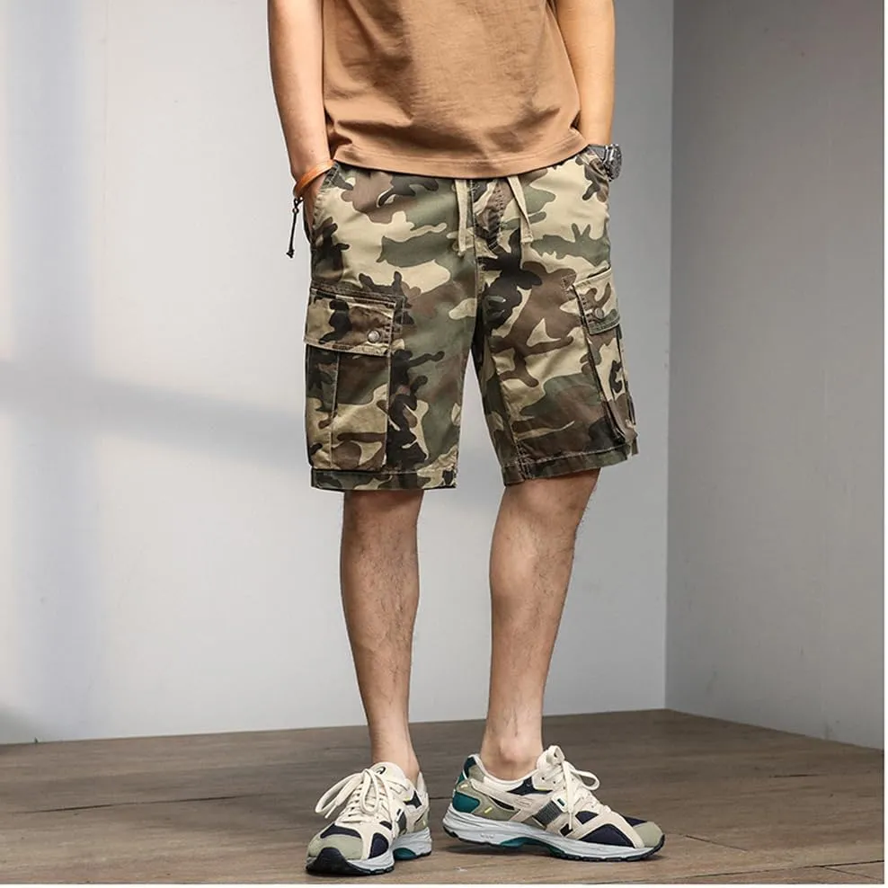 Men's Drawstring Camouflage Cargo Shorts Summer Relaxed Fit Cotton Hiking Cargo Shorts with Large Pockets