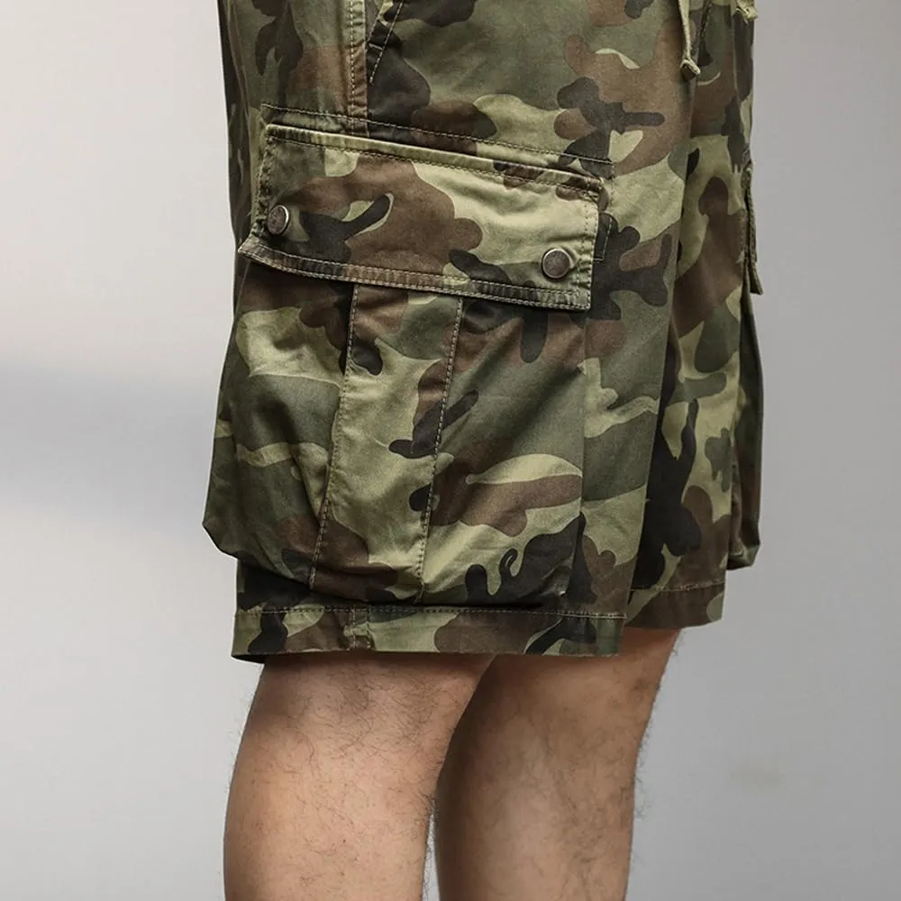 Men's Drawstring Camouflage Cargo Shorts Summer Relaxed Fit Cotton Hiking Cargo Shorts with Large Pockets