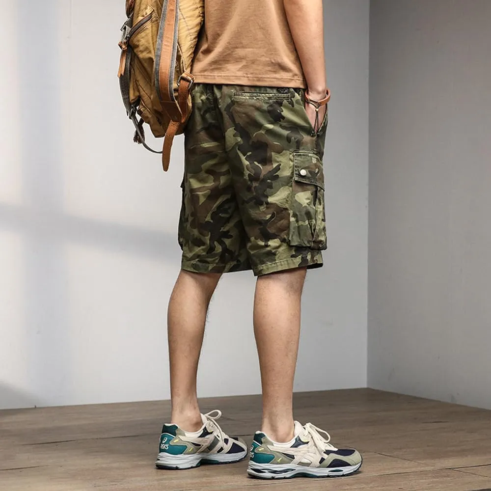 Men's Drawstring Camouflage Cargo Shorts Summer Relaxed Fit Cotton Hiking Cargo Shorts with Large Pockets