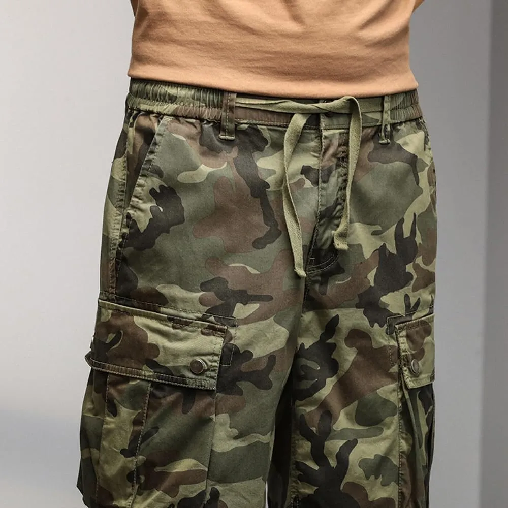 Men's Drawstring Camouflage Cargo Shorts Summer Relaxed Fit Cotton Hiking Cargo Shorts with Large Pockets