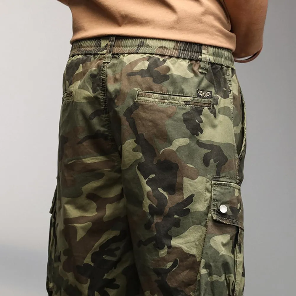 Men's Drawstring Camouflage Cargo Shorts Summer Relaxed Fit Cotton Hiking Cargo Shorts with Large Pockets