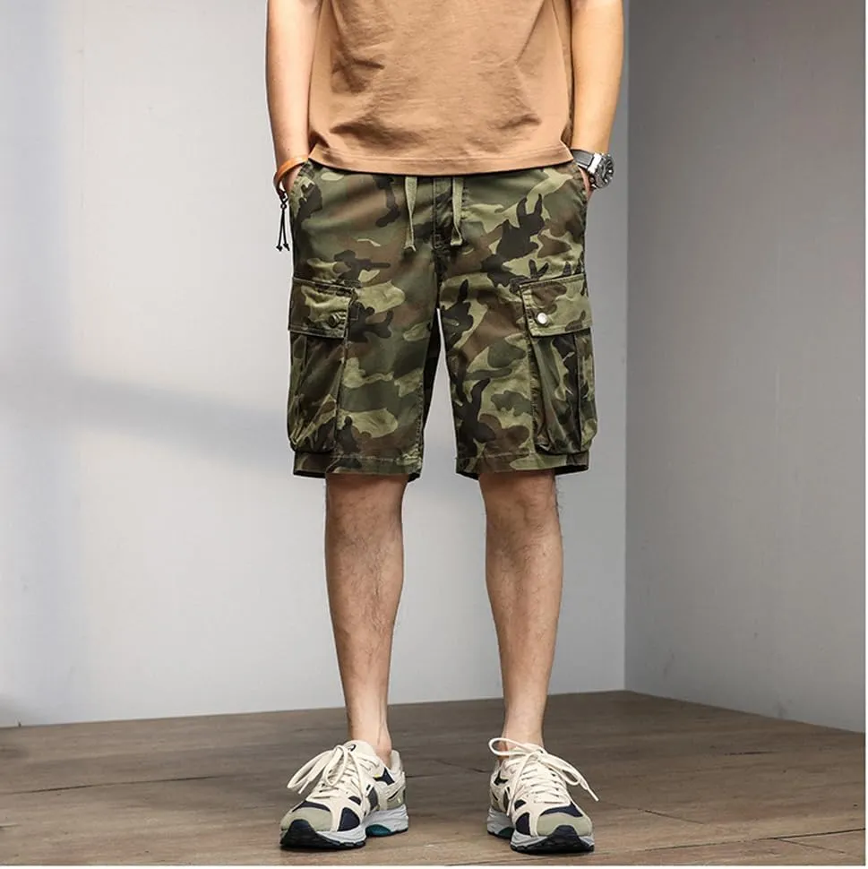 Men's Drawstring Camouflage Cargo Shorts Summer Relaxed Fit Cotton Hiking Cargo Shorts with Large Pockets