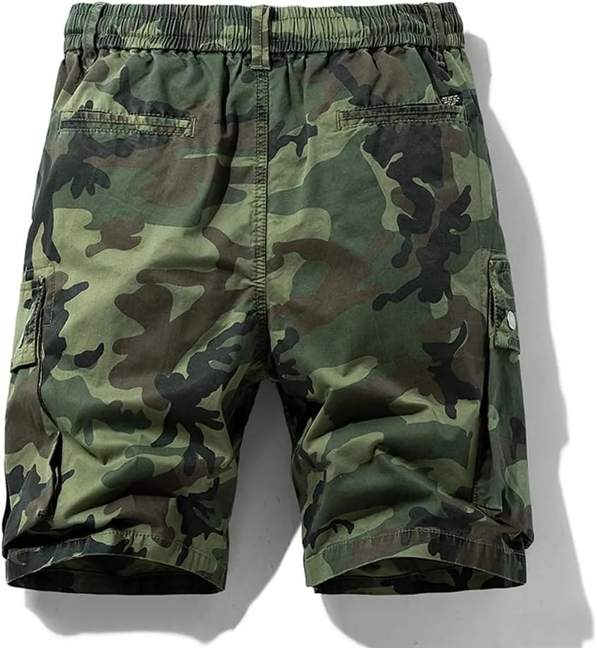 Men's Drawstring Camouflage Cargo Shorts Summer Relaxed Fit Cotton Hiking Cargo Shorts with Large Pockets