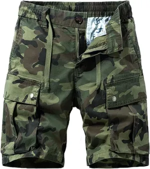 Men's Drawstring Camouflage Cargo Shorts Summer Relaxed Fit Cotton Hiking Cargo Shorts with Large Pockets