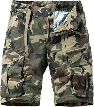 Men's Drawstring Camouflage Cargo Shorts Summer Relaxed Fit Cotton Hiking Cargo Shorts with Large Pockets