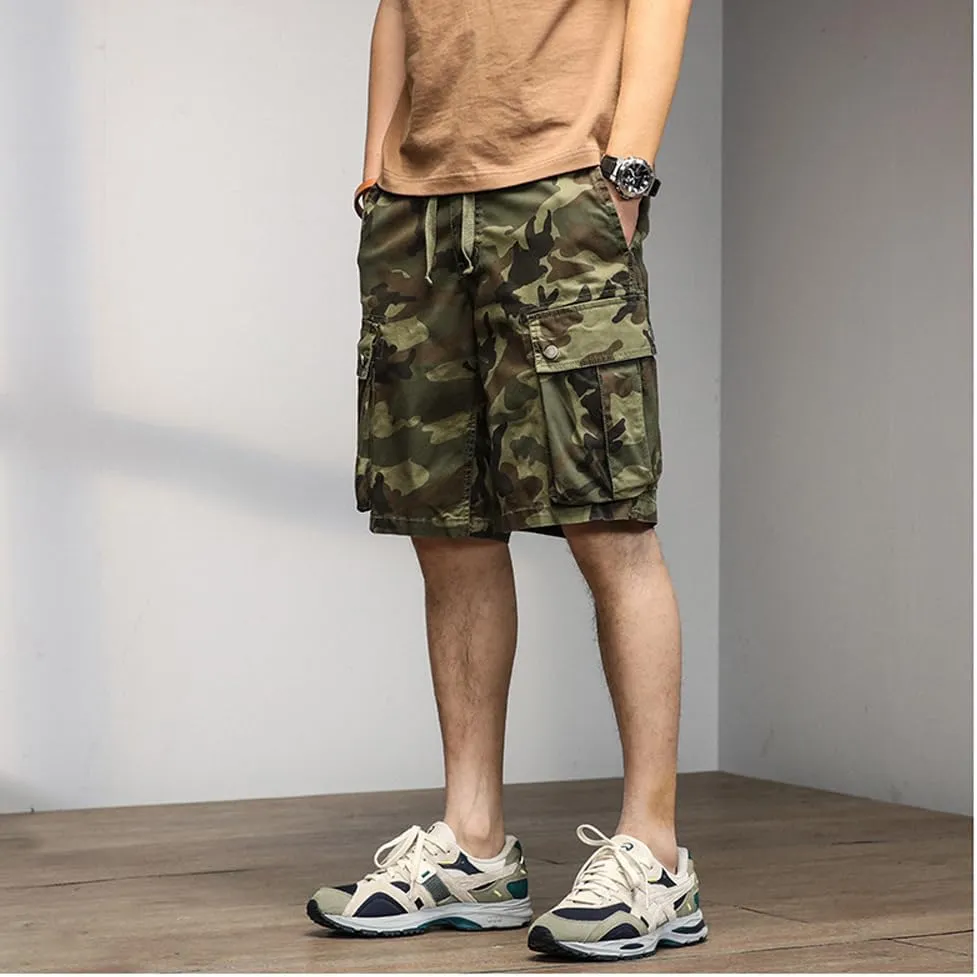 Men's Drawstring Camouflage Cargo Shorts Summer Relaxed Fit Cotton Hiking Cargo Shorts with Large Pockets