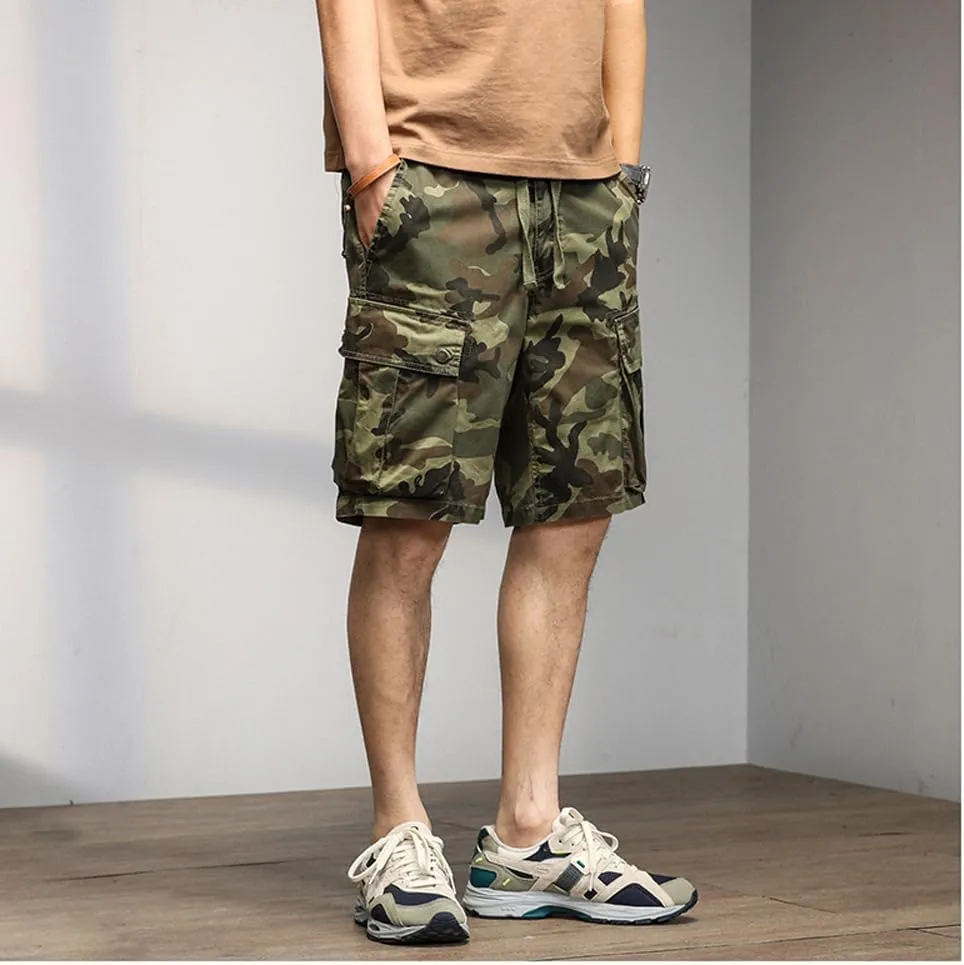 Men's Drawstring Camouflage Cargo Shorts Summer Relaxed Fit Cotton Hiking Cargo Shorts with Large Pockets