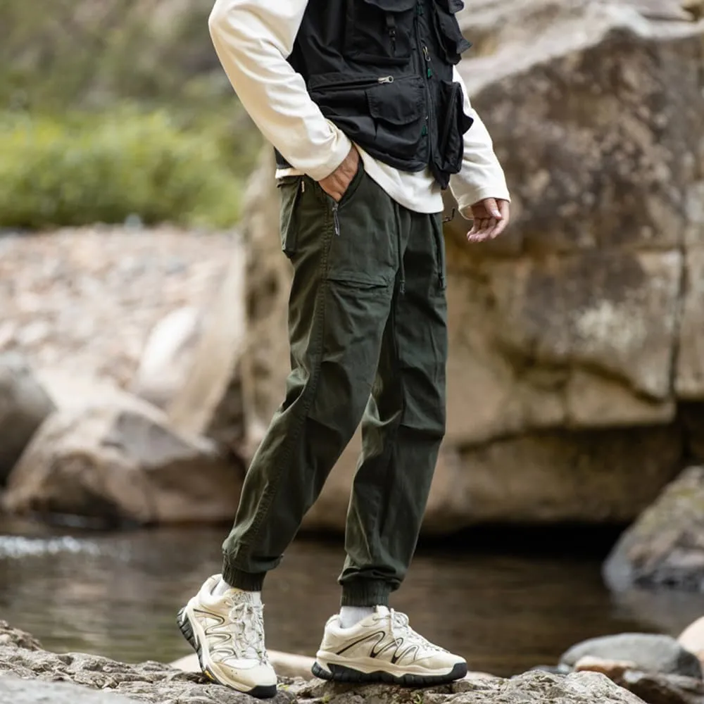 Men's Regular Fit Tactical Cargo Pants Drawstring Cotton Outdoor Work Trousers