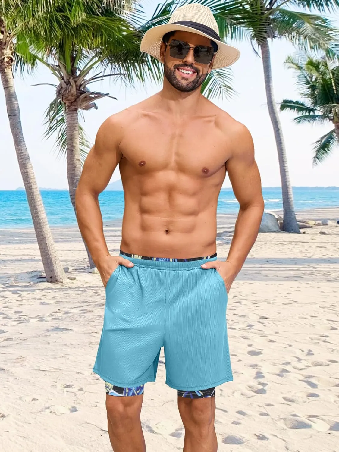 Mens Swim Trunks with Compression Liner 7 Inch Quick Dry Swimming Beach Board Shorts Bathing Suit with Pockets