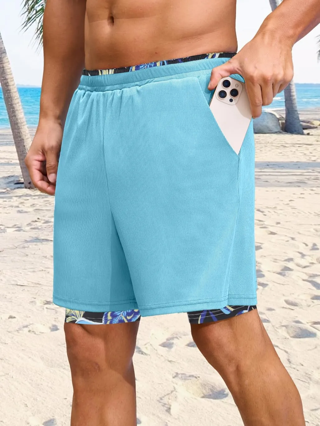 Mens Swim Trunks with Compression Liner 7 Inch Quick Dry Swimming Beach Board Shorts Bathing Suit with Pockets