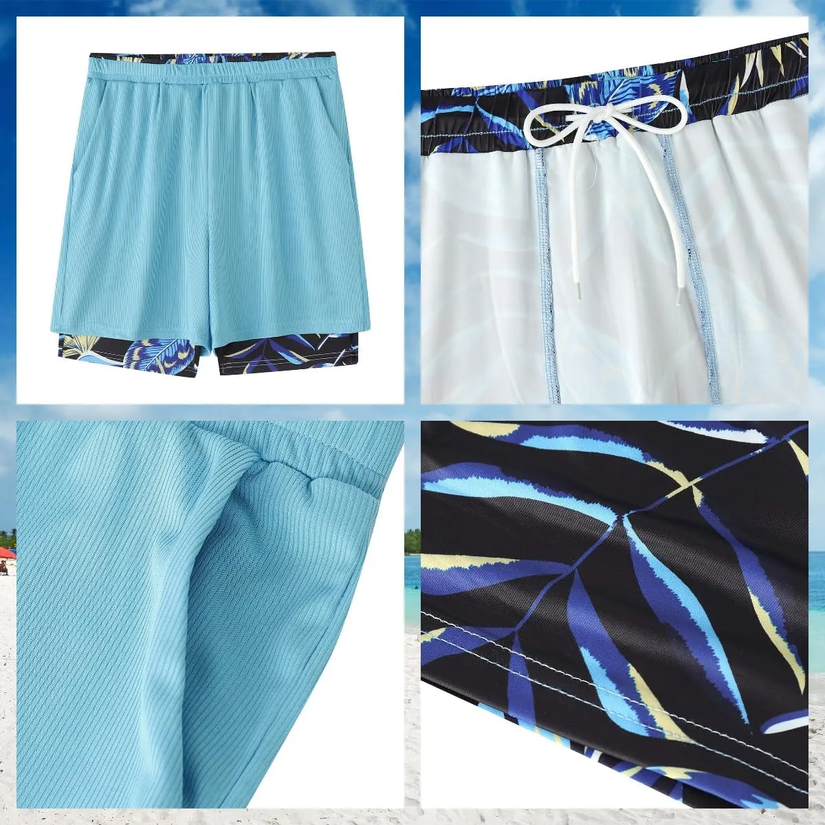 Mens Swim Trunks with Compression Liner 7 Inch Quick Dry Swimming Beach Board Shorts Bathing Suit with Pockets