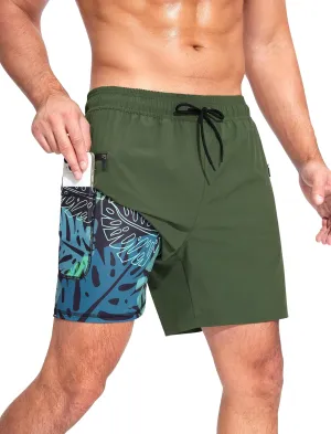 Mens Swim Trunks with Printed Compression Liner Quick Dry Bathing Suits 6" Beach Swimming Shorts with Zipper Pockets