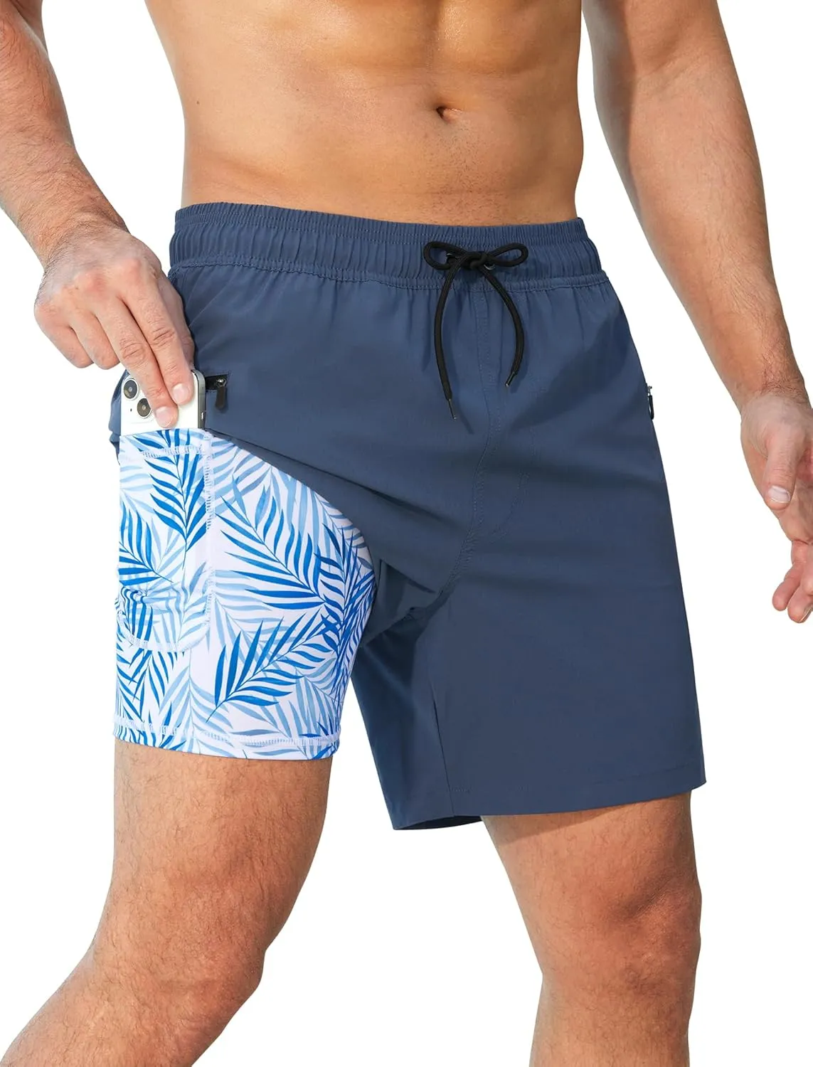 Mens Swim Trunks with Printed Compression Liner Quick Dry Bathing Suits 6" Beach Swimming Shorts with Zipper Pockets