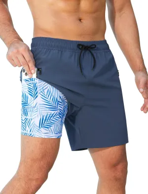 Mens Swim Trunks with Printed Compression Liner Quick Dry Bathing Suits 6" Beach Swimming Shorts with Zipper Pockets