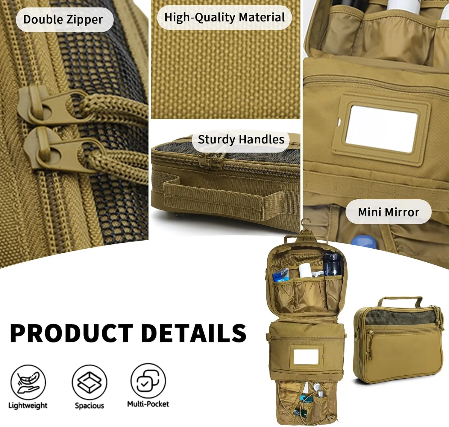 mens toiletry travel bag tactical toiletry bag hanging toiletry bag shower bag travel kit (Khaki)