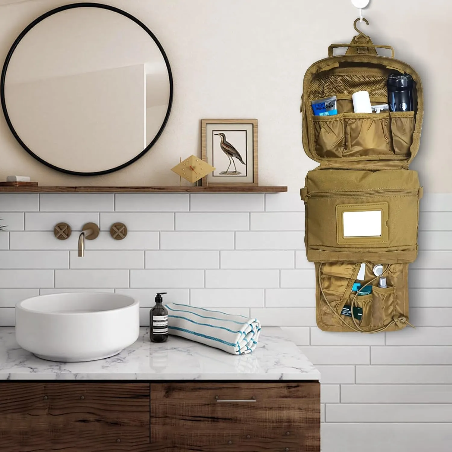 mens toiletry travel bag tactical toiletry bag hanging toiletry bag shower bag travel kit (Khaki)