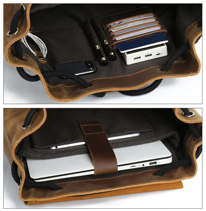 Men's Vintage Leather Drawstring Backpack