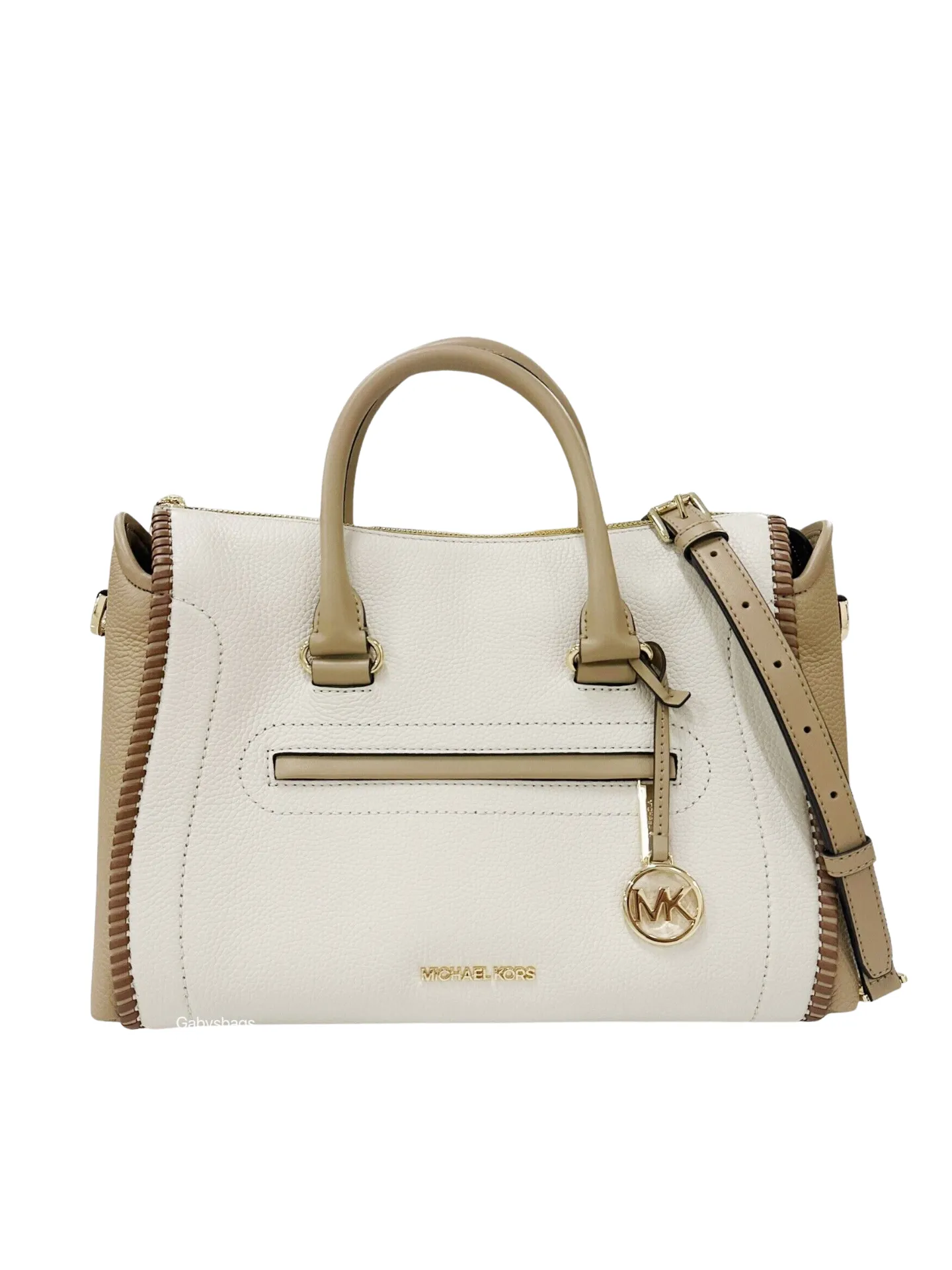 Michael Kors Carine Large Top Zip Satchel Crossbody Light Cream Multi Leather
