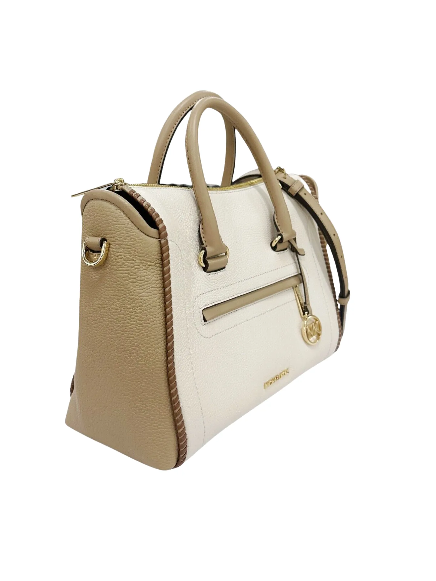 Michael Kors Carine Large Top Zip Satchel Crossbody Light Cream Multi Leather