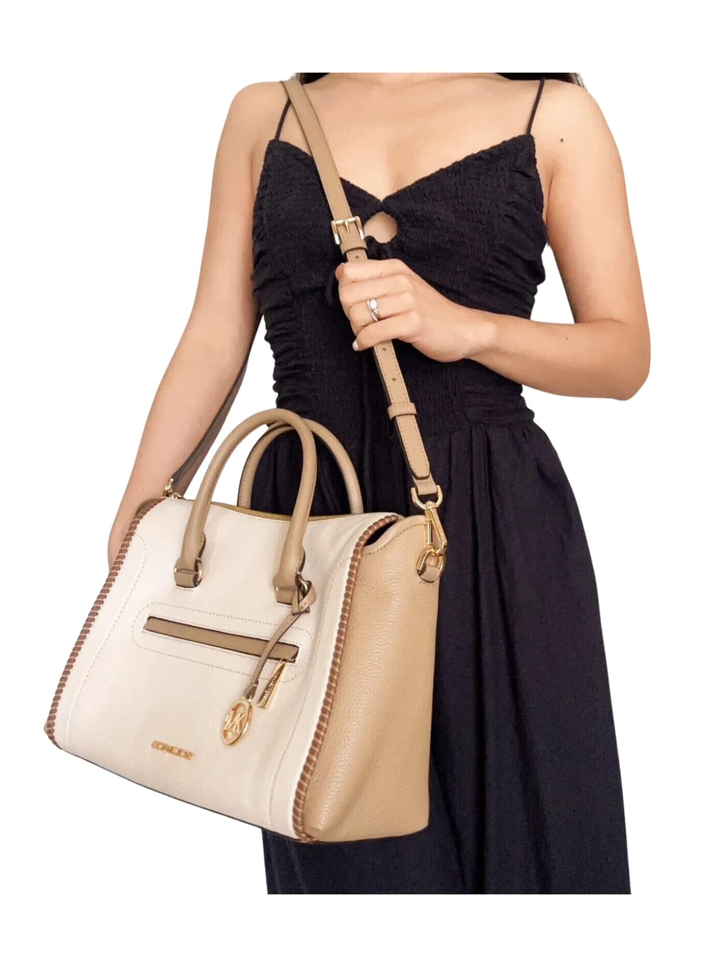 Michael Kors Carine Large Top Zip Satchel Crossbody Light Cream Multi Leather