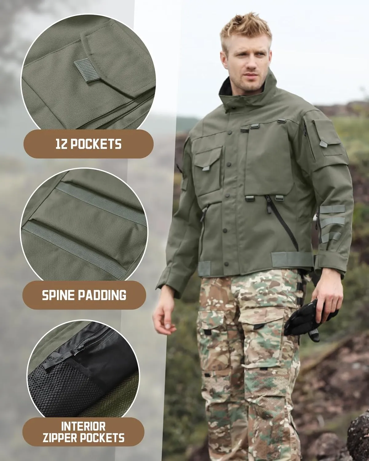 Military Jacket for Men 1000D Cordura Tactical Jacket Hard Shell Water Resistant Army Jacket Coat Hiking Bushcraft