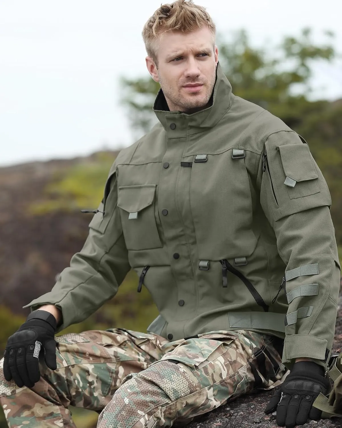 Military Jacket for Men 1000D Cordura Tactical Jacket Hard Shell Water Resistant Army Jacket Coat Hiking Bushcraft