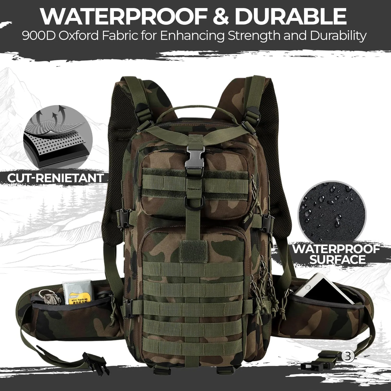 MIRACOL Tactical Emergency Survival Backpack- 35L Go Bag Survival Backpack with MOLLE System - Heavy Duty Military Gear for Wildfire Disaster Preparedness Camouflage Green