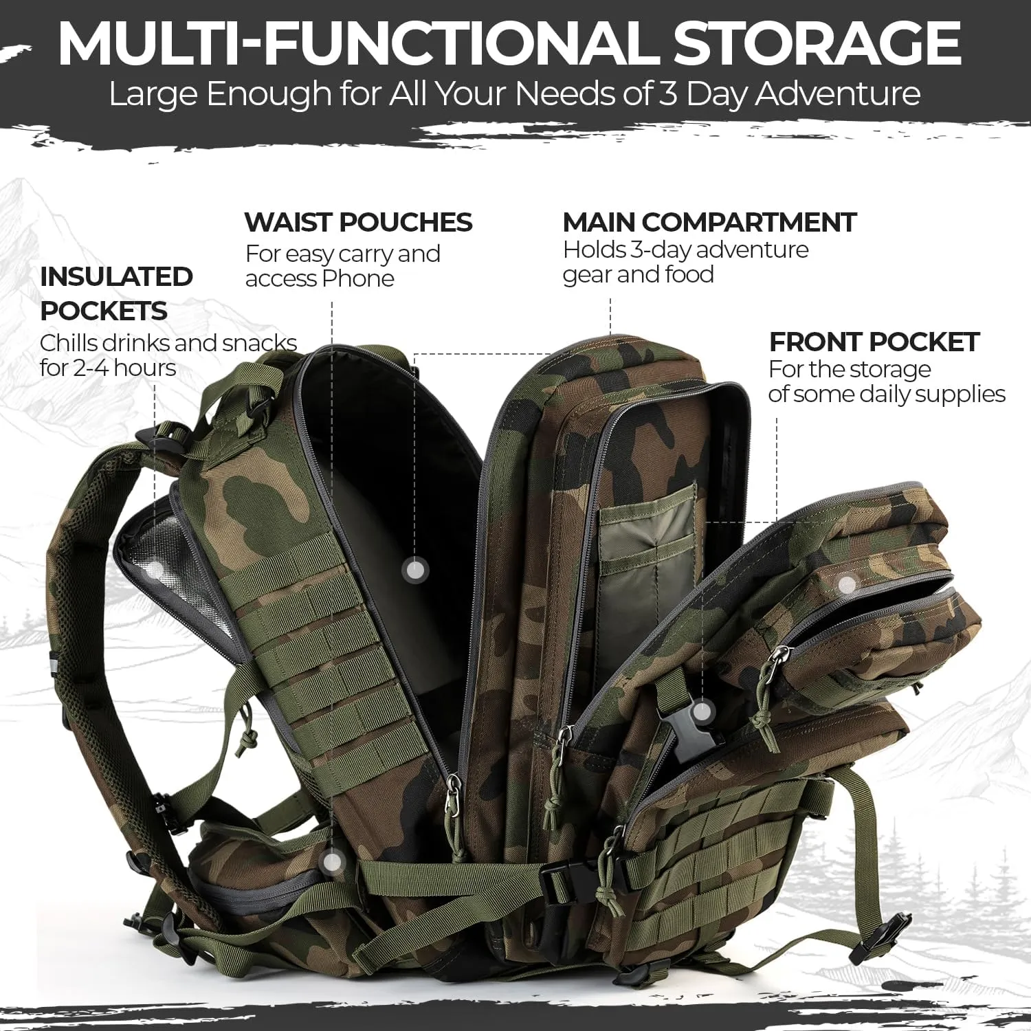 MIRACOL Tactical Emergency Survival Backpack- 35L Go Bag Survival Backpack with MOLLE System - Heavy Duty Military Gear for Wildfire Disaster Preparedness Camouflage Green