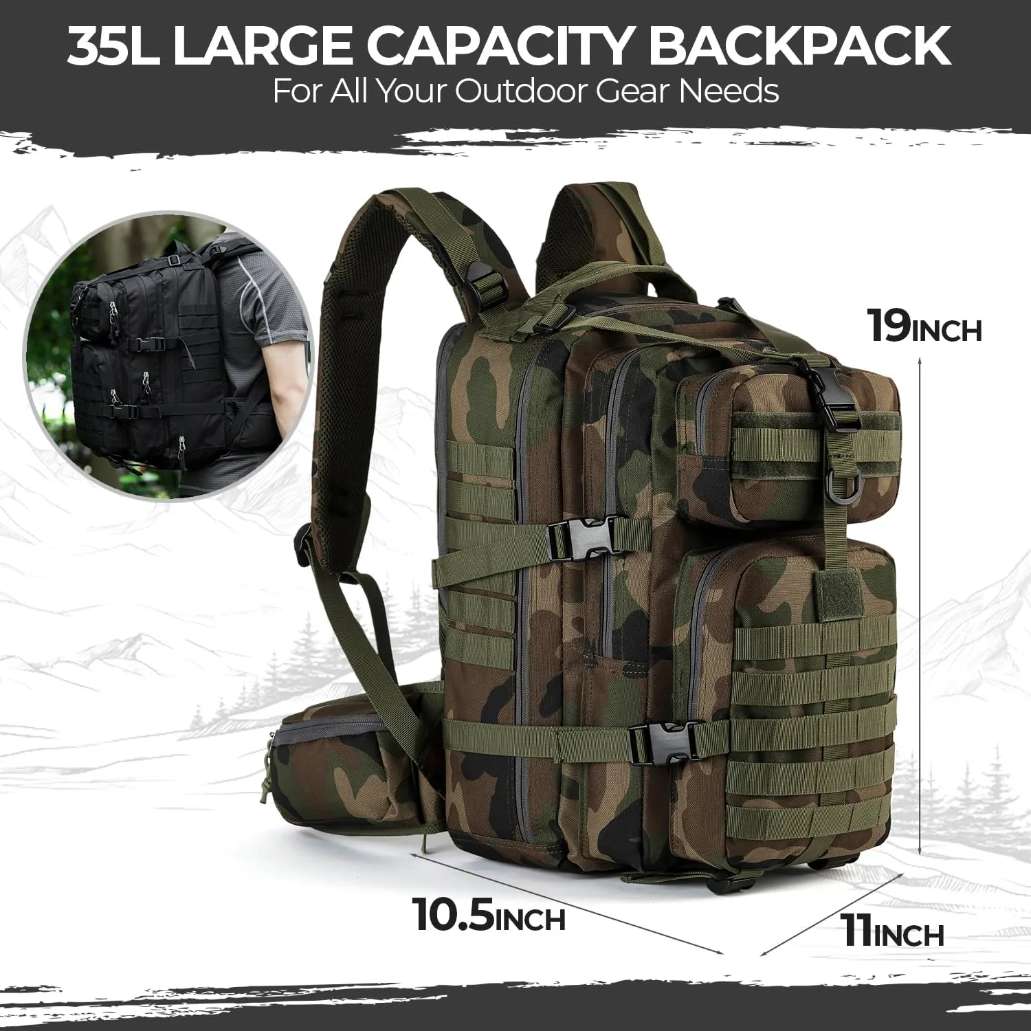 MIRACOL Tactical Emergency Survival Backpack- 35L Go Bag Survival Backpack with MOLLE System - Heavy Duty Military Gear for Wildfire Disaster Preparedness Camouflage Green