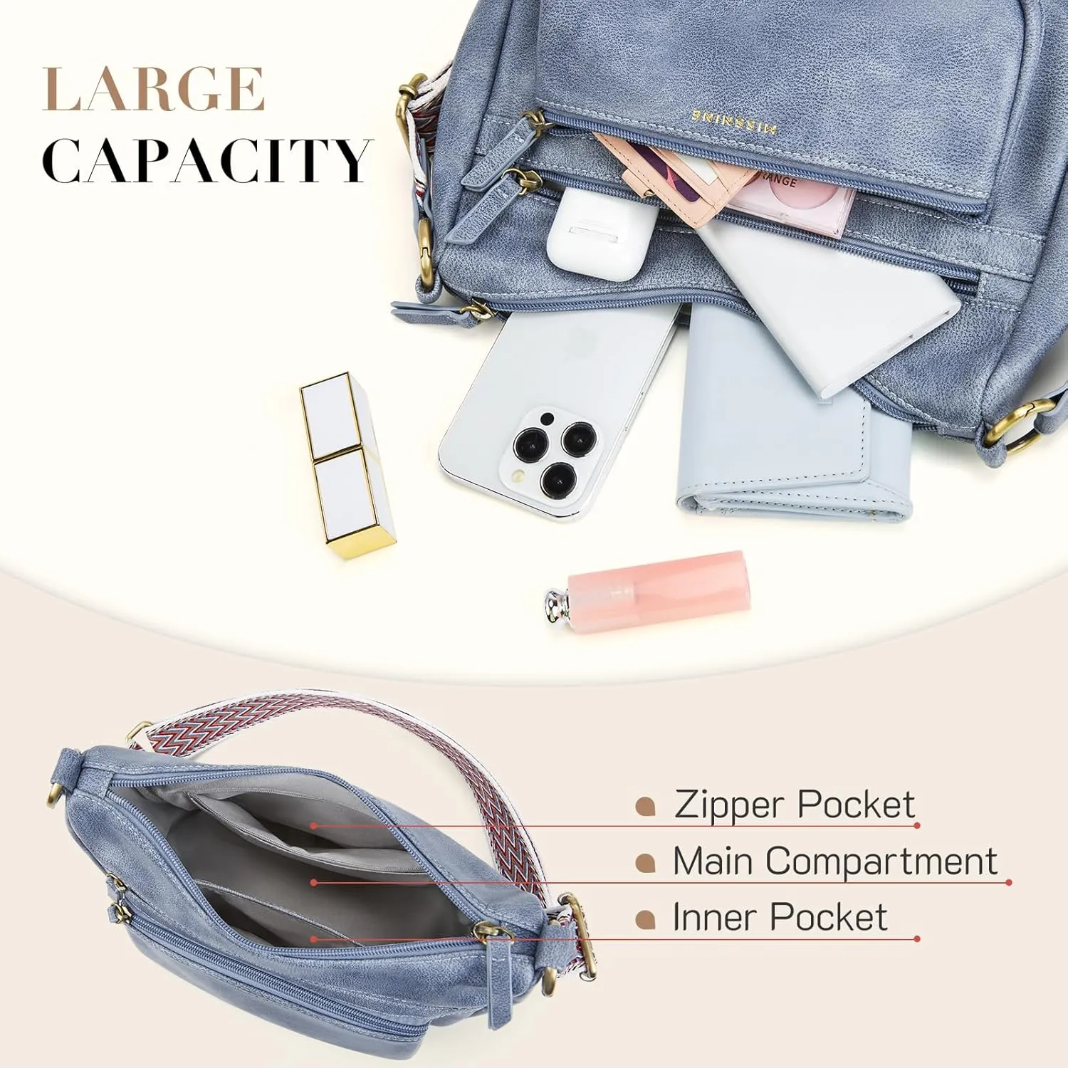 Missnine Crossbody Bags for Women, Medium Size Purses With Wide Shoulder Strap, Leather Trendy Cross Body Shoulder Handbags