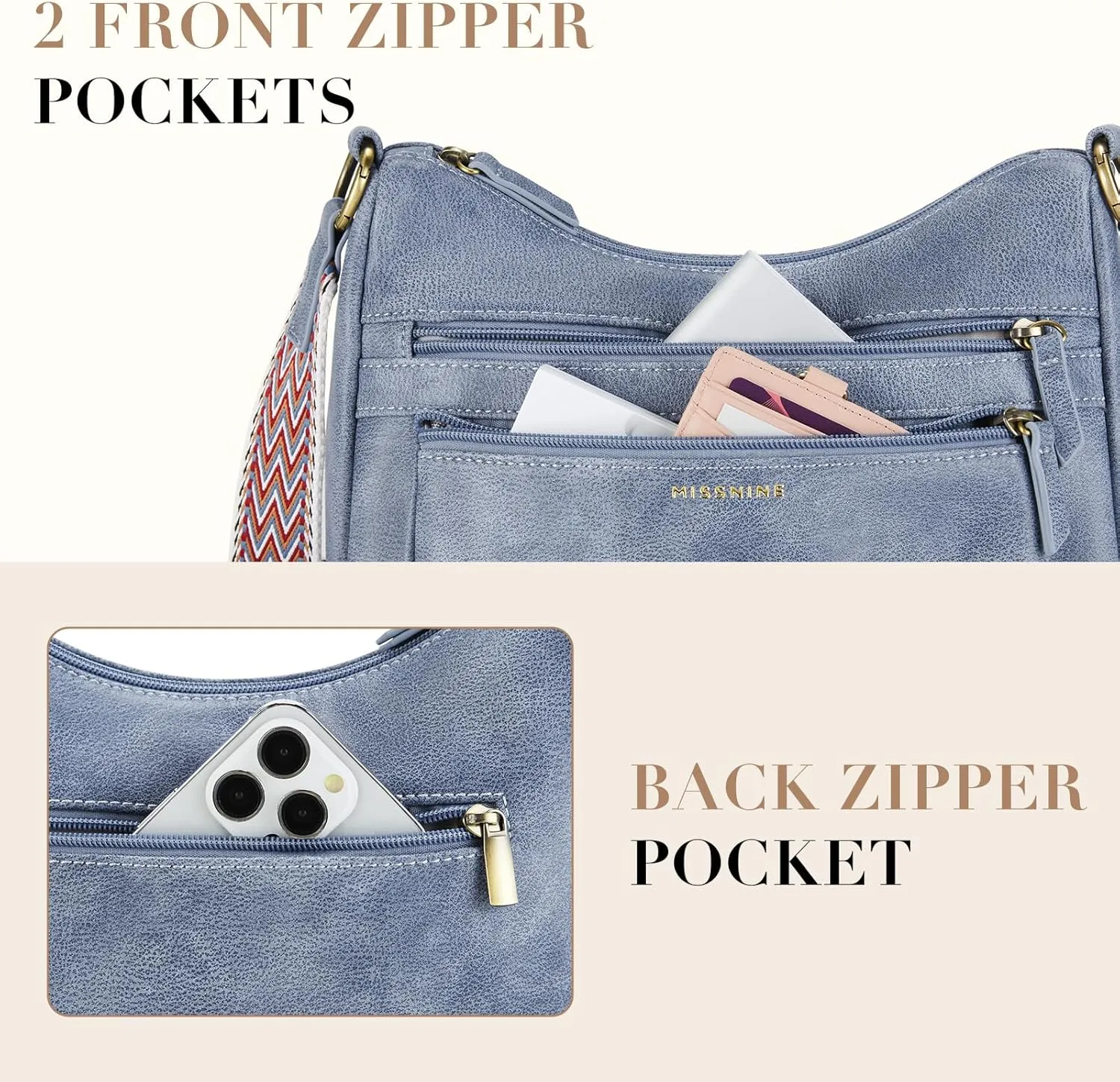 Missnine Crossbody Bags for Women, Medium Size Purses With Wide Shoulder Strap, Leather Trendy Cross Body Shoulder Handbags