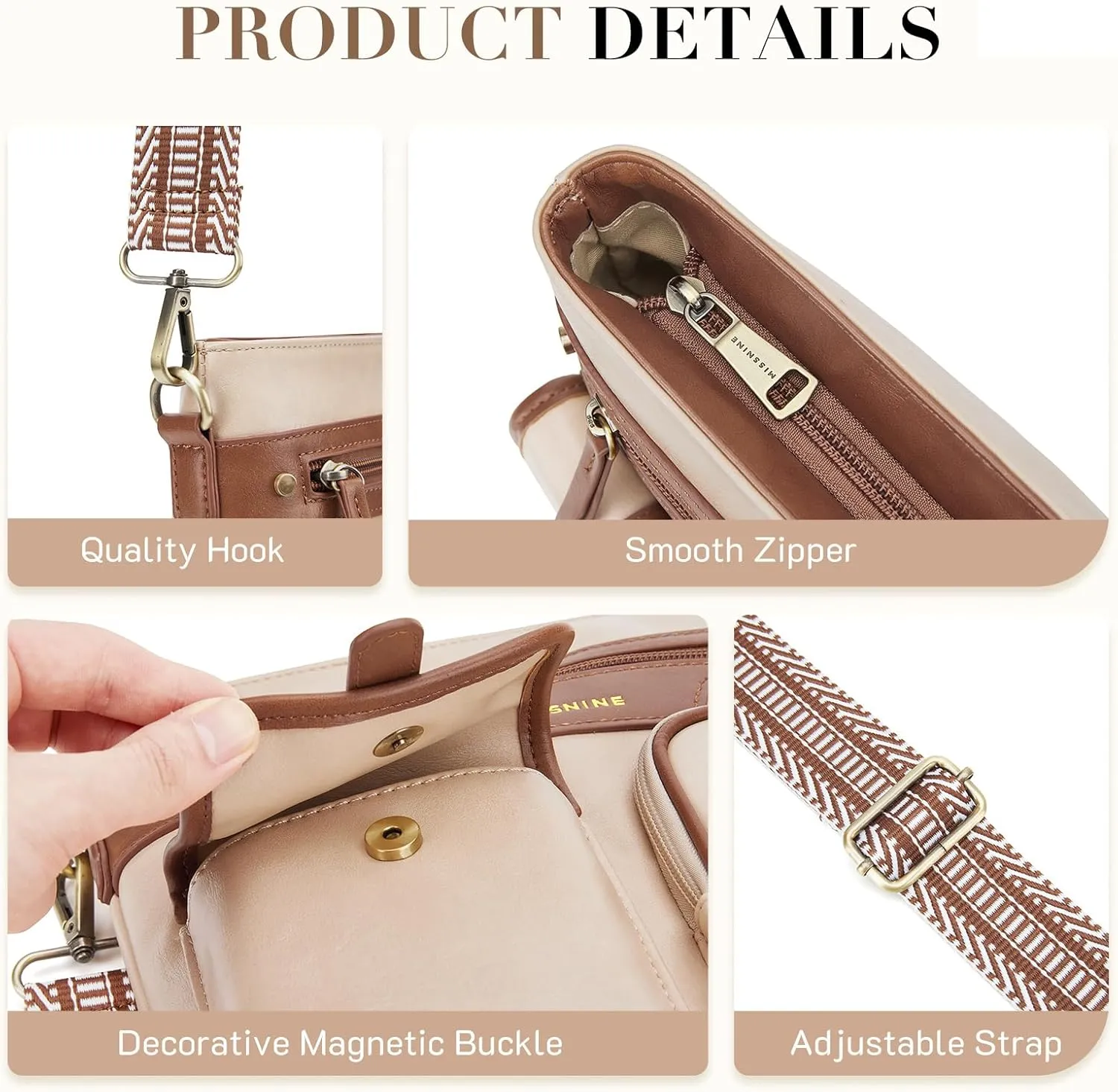 Missnine Crossbody Bags for Women Multi Pocket Purses Soft Leather Medium Shoulder Handbags with Adjustable Strap
