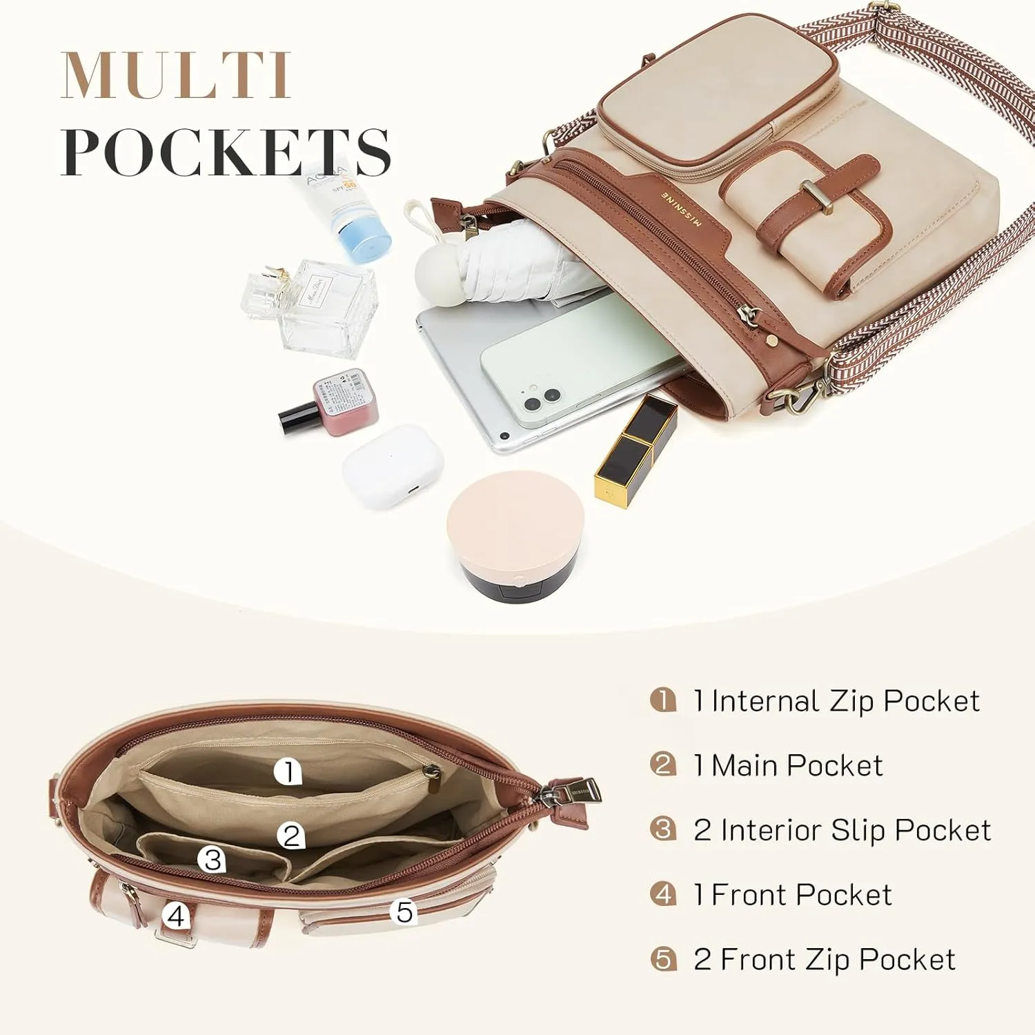 Missnine Crossbody Bags for Women Multi Pocket Purses Soft Leather Medium Shoulder Handbags with Adjustable Strap