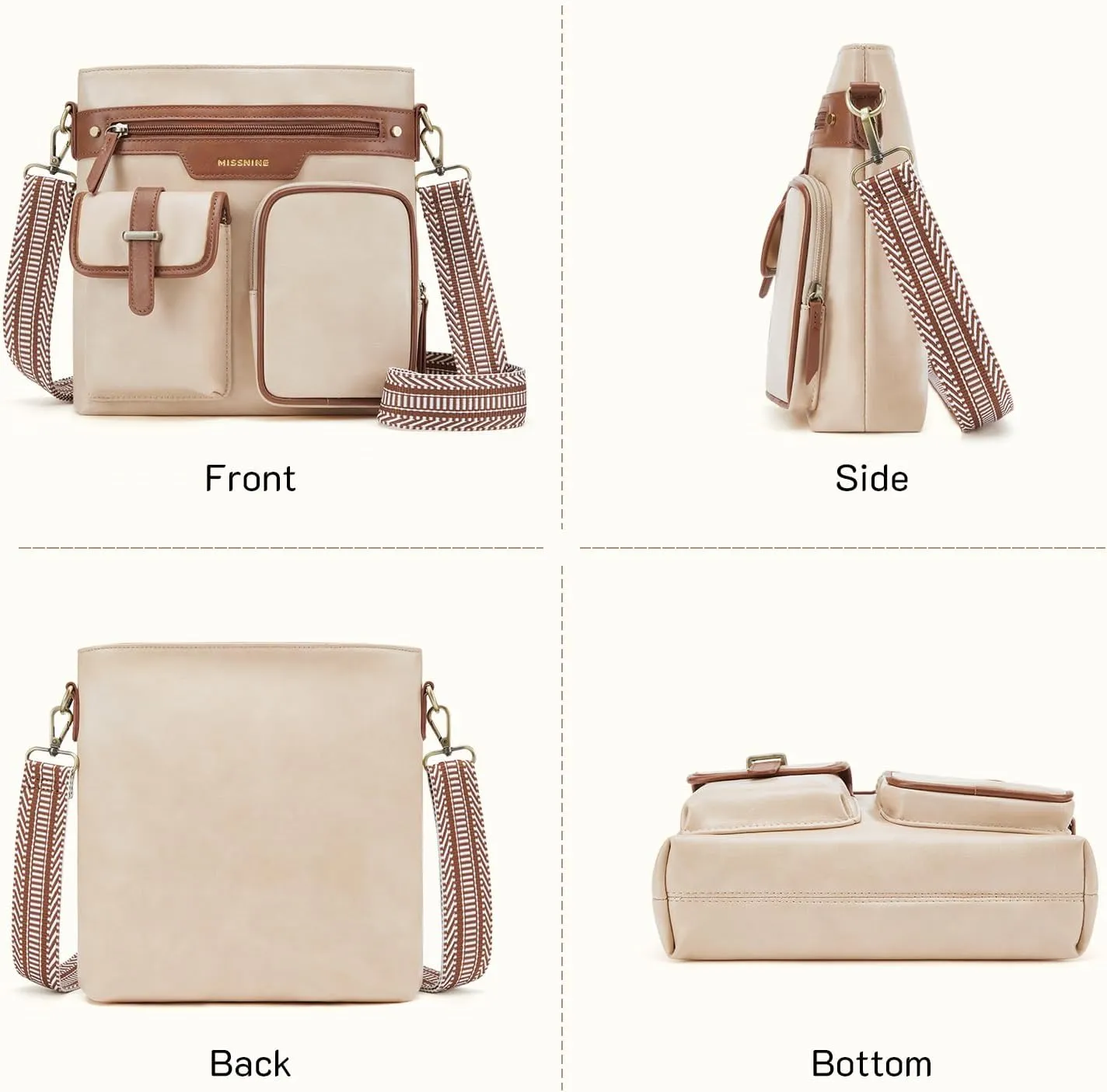 Missnine Crossbody Bags for Women Multi Pocket Purses Soft Leather Medium Shoulder Handbags with Adjustable Strap