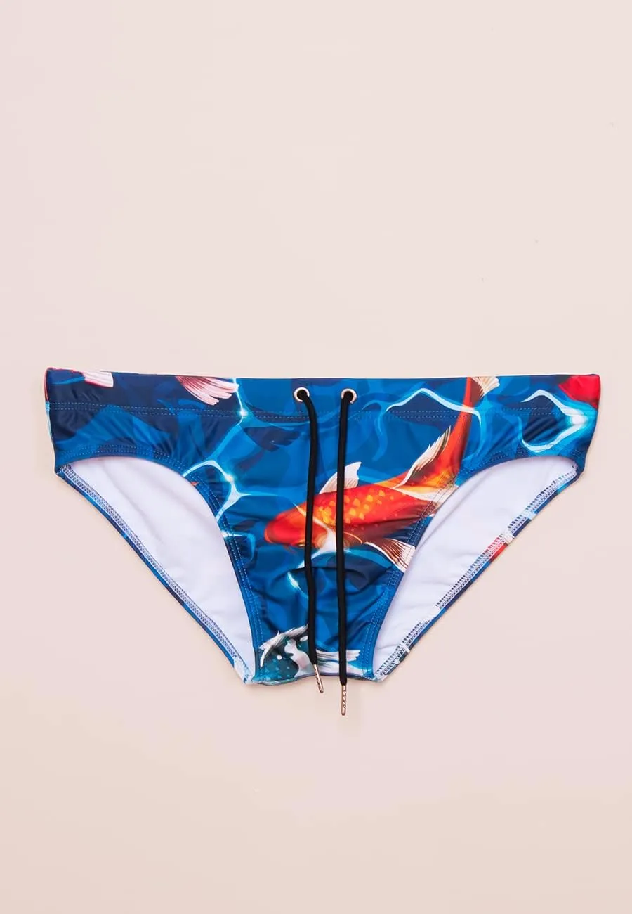 MIZOK Men's Sexy Bikini Swim Briefs Quick Dry Printed Swimsuit Beach Swimwear with Drawstring