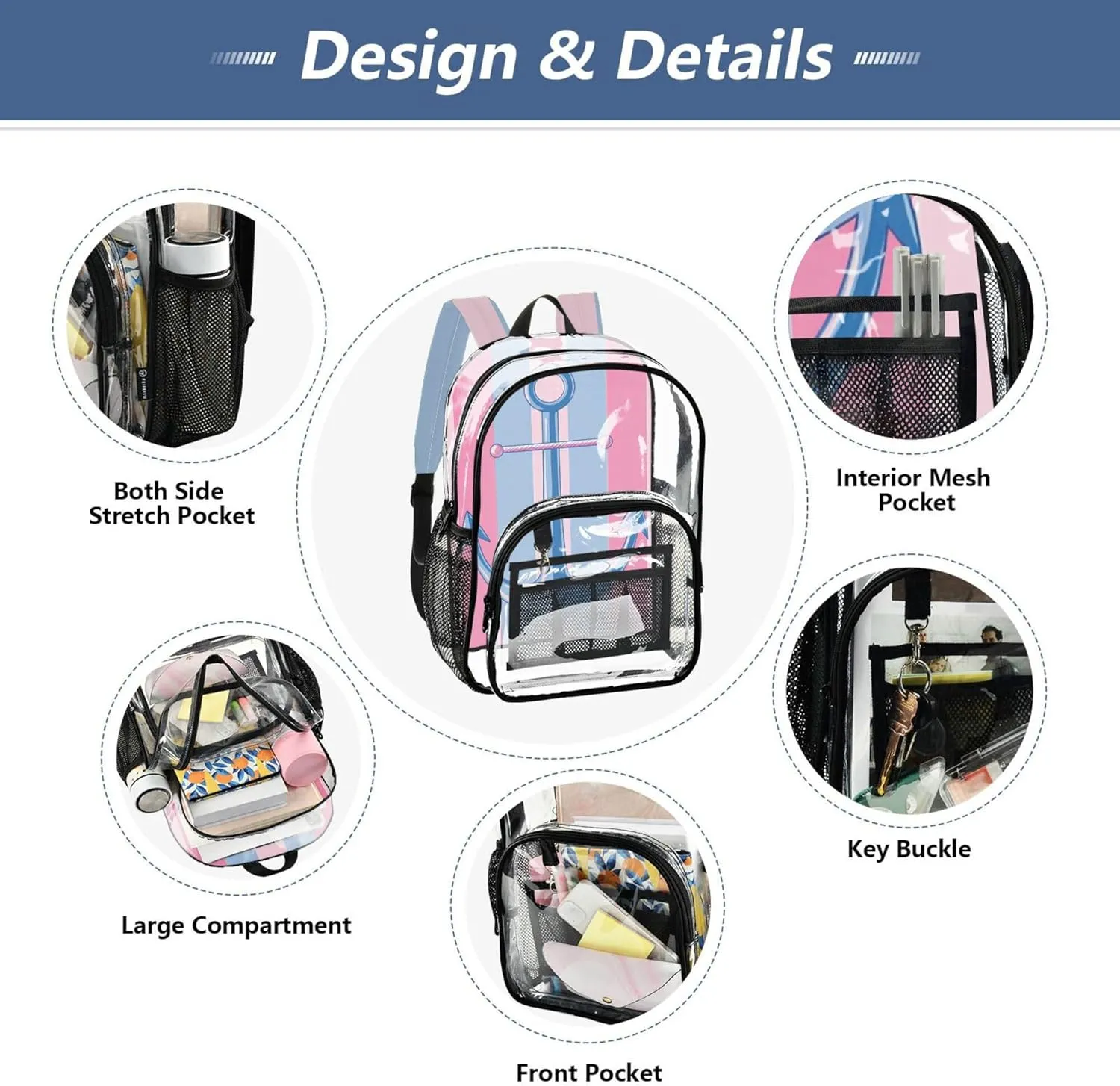 MNSRUU Large Clear Backpack for School Stadium Concerts Sports Events Spear Transparent Heavy-Duty PVC Backpack with Adjustable Straps, See-Through Bag Multiple Compartments