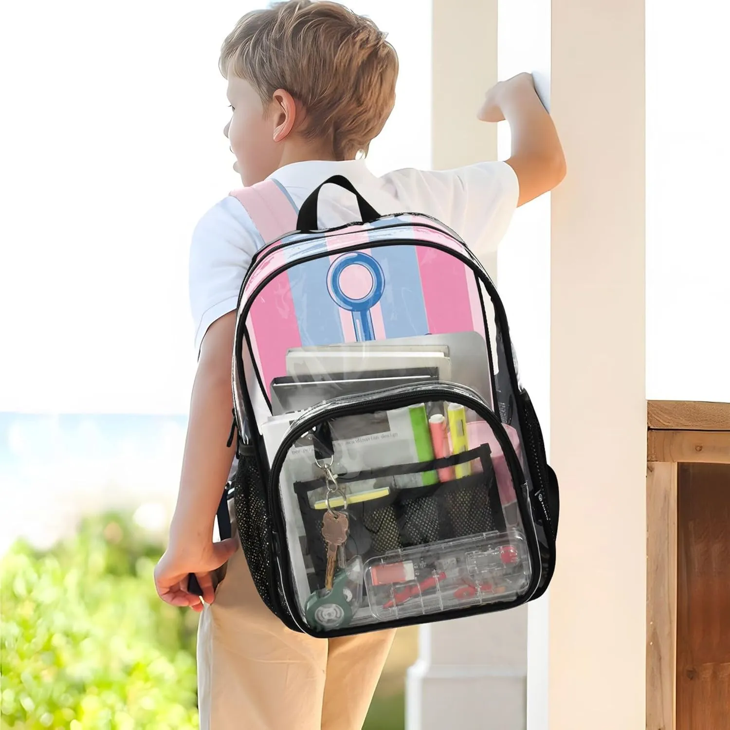 MNSRUU Large Clear Backpack for School Stadium Concerts Sports Events Spear Transparent Heavy-Duty PVC Backpack with Adjustable Straps, See-Through Bag Multiple Compartments