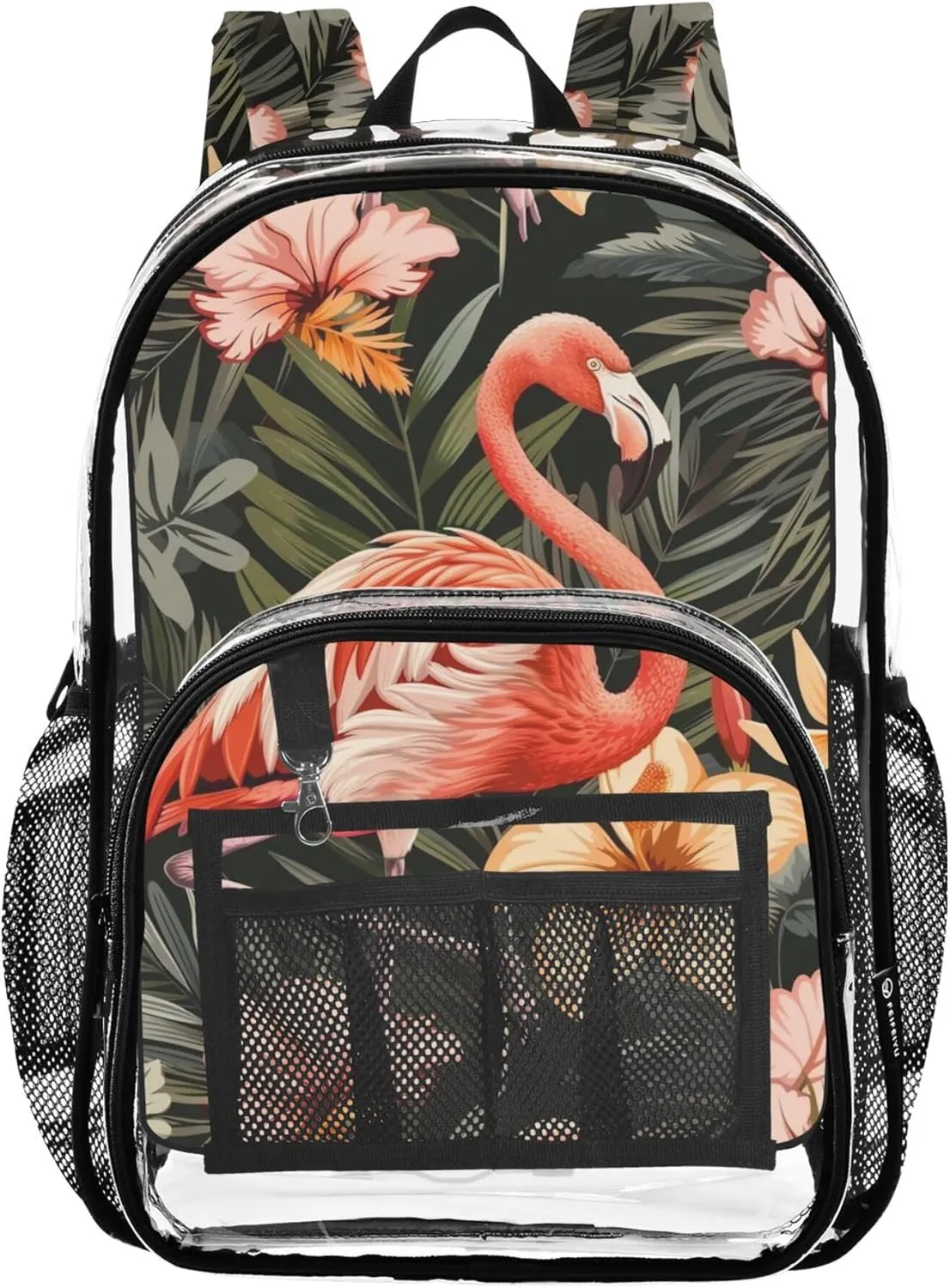 MNSRUU Large Clear Backpack for School Stadium Concerts Sports Events Tropical Flamingos and Flowers Transparent Heavy-Duty PVC Backpack with Adjustable Straps, See-Through Bag Multiple Compartments