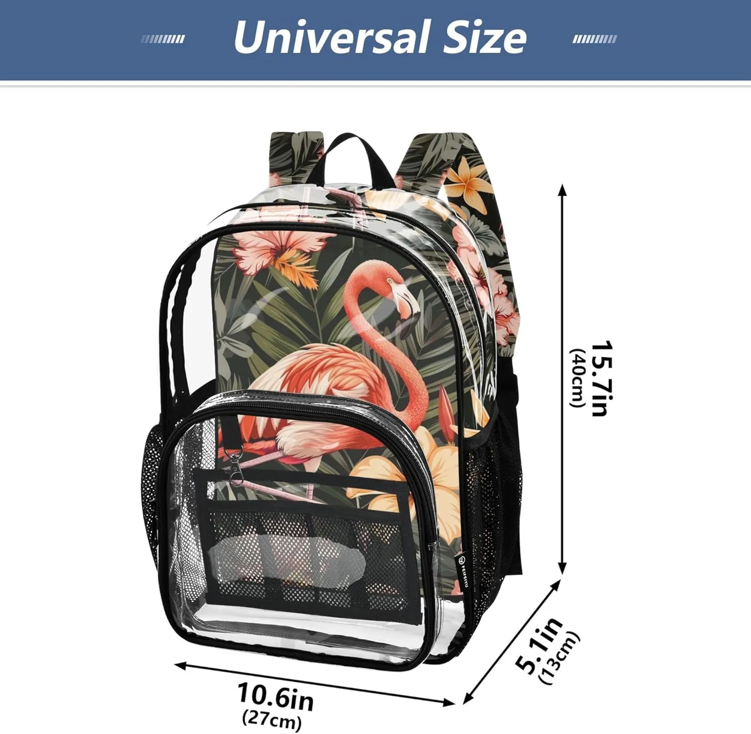 MNSRUU Large Clear Backpack for School Stadium Concerts Sports Events Tropical Flamingos and Flowers Transparent Heavy-Duty PVC Backpack with Adjustable Straps, See-Through Bag Multiple Compartments