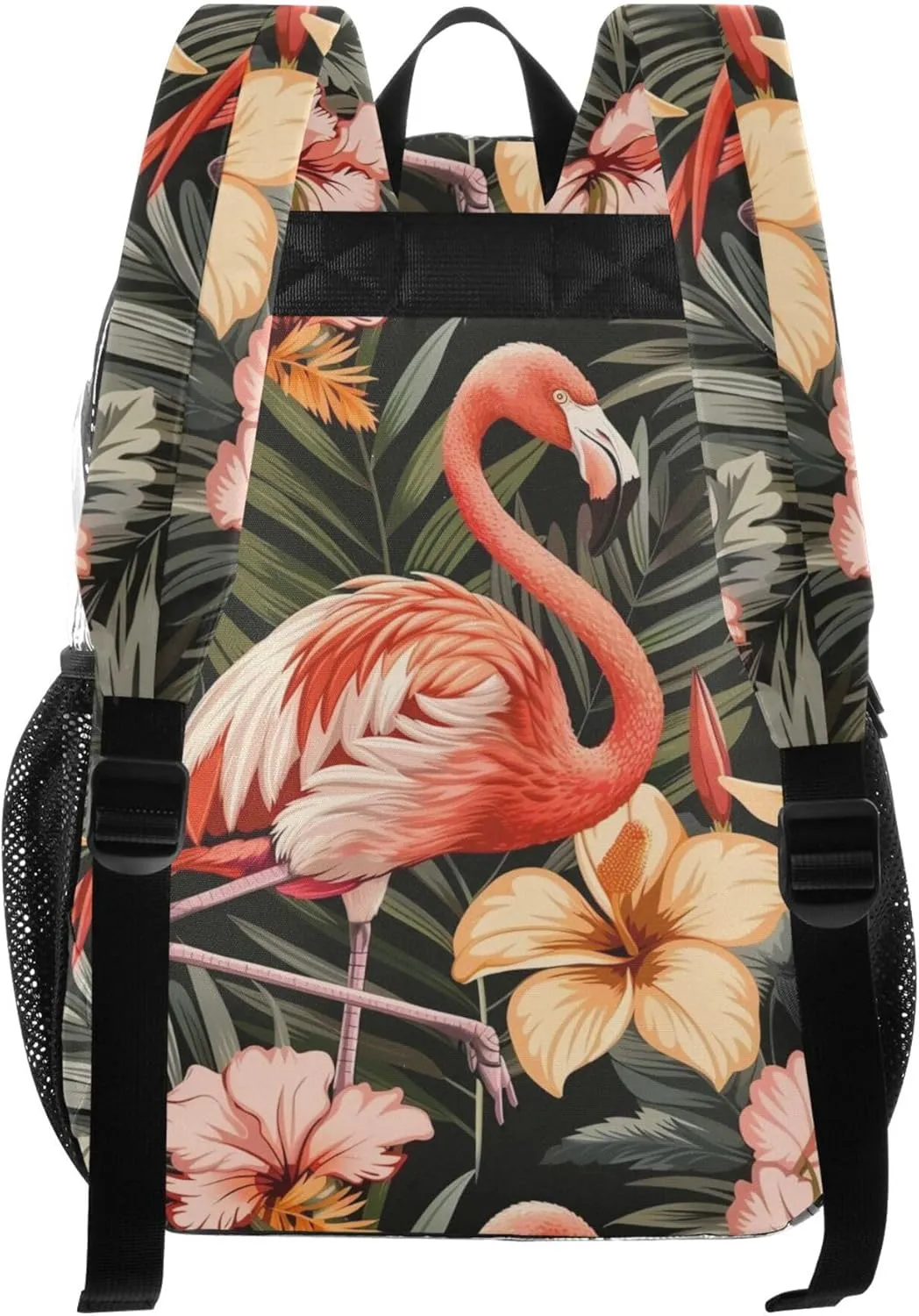 MNSRUU Large Clear Backpack for School Stadium Concerts Sports Events Tropical Flamingos and Flowers Transparent Heavy-Duty PVC Backpack with Adjustable Straps, See-Through Bag Multiple Compartments